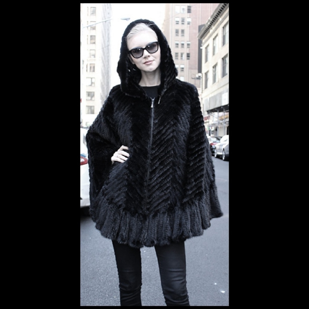 Black Knit Mink Fur Poncho with Hood